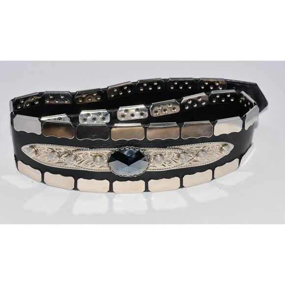 80s Chad Calvin Silver tone Studded Filigree & Black Rhinestone Leather Belt main image 4